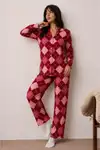Kadın Düğmeli Kışlık Ev Kırmızı Pijama Takımı - Görsel 6