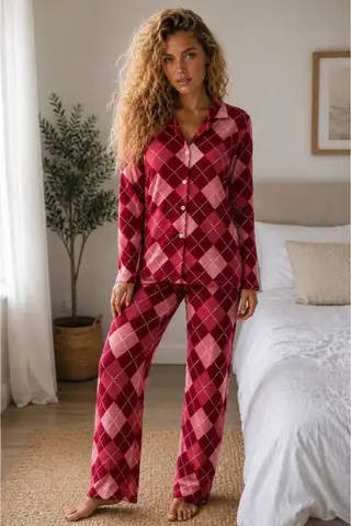 Kadın Örme Gömlek Yaka Kırmızı Pijama Takımı - 1