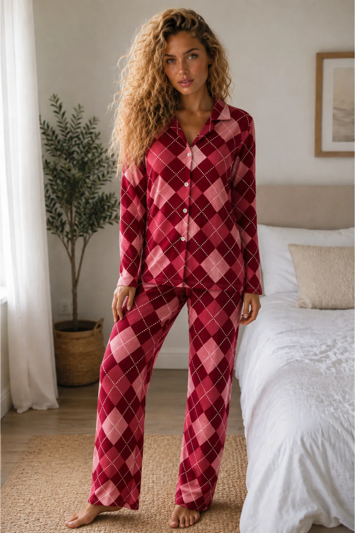 Kadın Örme Gömlek Yaka Kırmızı Pijama Takımı