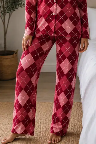 Kadın Örme Gömlek Yaka Kırmızı Pijama Takımı - 4