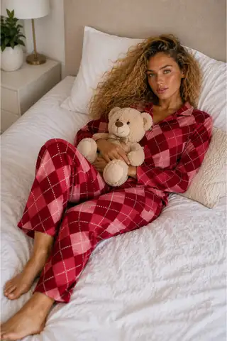 Kadın Örme Gömlek Yaka Kırmızı Pijama Takımı - 5
