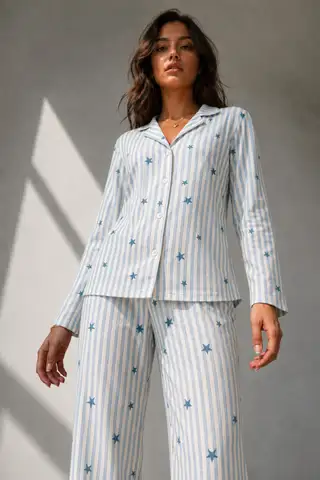 Kadın Uzun Kol Pamuklu Mavi Pijama Takımı - 1