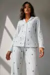 Kadın Uzun Kol Pamuklu Mavi Pijama Takımı - Görsel 1
