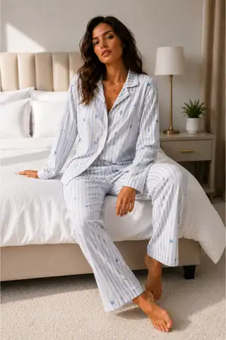 Kadın Uzun Kol Pamuklu Mavi Pijama Takımı - 2