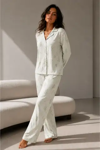 Kadın Uzun Kol Pamuklu Mavi Pijama Takımı - 11