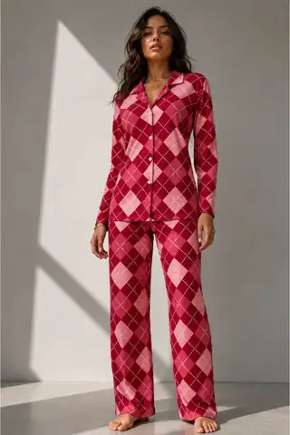 Kadın Uzun Kol Pamuklu Mavi Pijama Takımı - 13