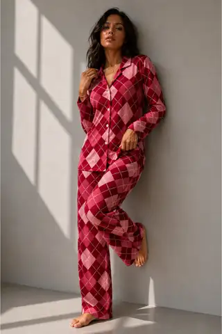Kadın Uzun Kol Pamuklu Mavi Pijama Takımı - 17