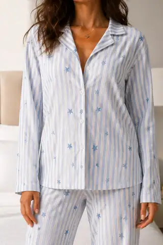 Kadın Uzun Kol Pamuklu Mavi Pijama Takımı - 3