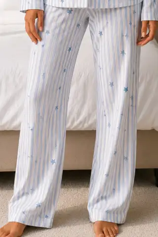 Kadın Uzun Kol Pamuklu Mavi Pijama Takımı - 4