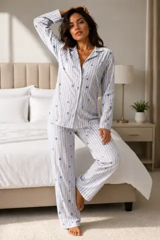 Kadın Uzun Kol Pamuklu Mavi Pijama Takımı - 5