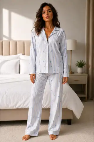 Kadın Uzun Kol Pamuklu Mavi Pijama Takımı - 6