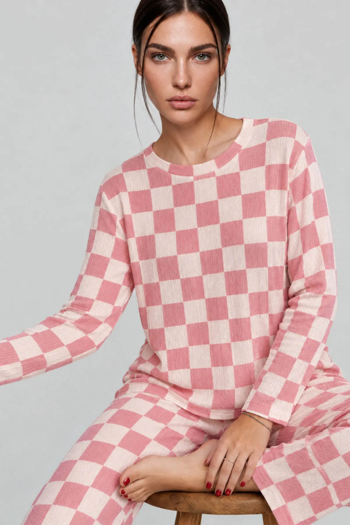 Kadın Çizgili Regular Fit Pembe Pijama Takımı 4691