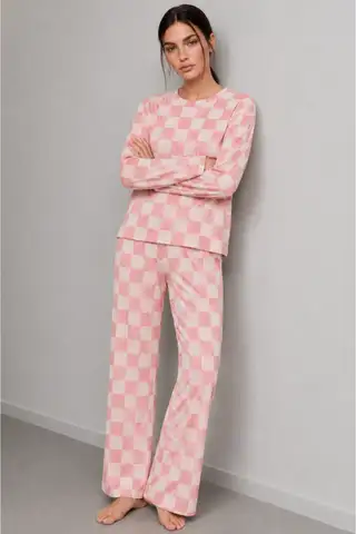 Kadın Çizgili Regular Fit Pembe Pijama Takımı 4691 - 4