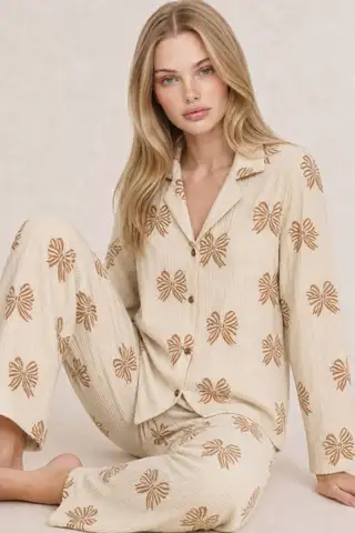 Kadın Uzun Kol Rahat Mavi Pijama Takımı 4761 - 19