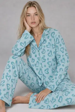 Kadın Uzun Kol Rahat Mavi Pijama Takımı 4761 - 5