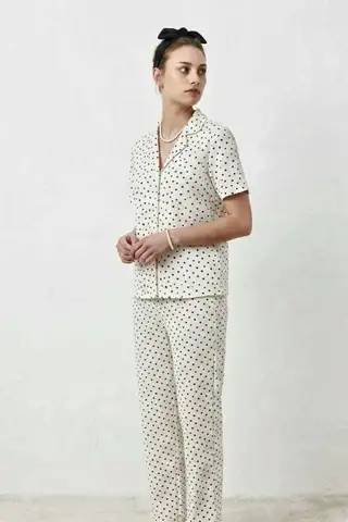 V Yaka Kapama Lastik Bel Kar Beyaz Pijama Takımı - 6