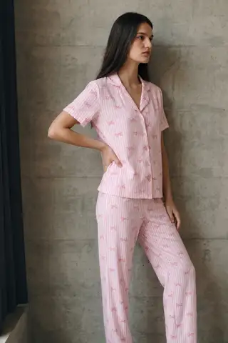 V Yaka Düğmeli Casual Pembe Pijama Takımı - 4