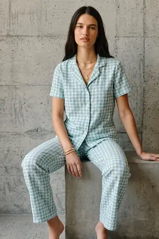V Yaka Düğmeli Casual Su Yeşili Pijama Takımı - 4