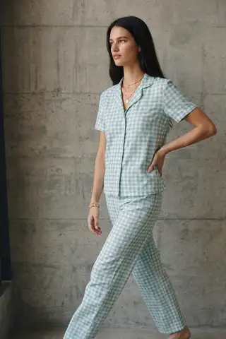 V Yaka Düğmeli Casual Su Yeşili Pijama Takımı - 5