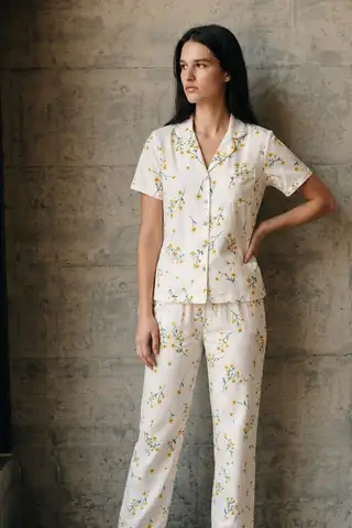 V Yaka Düğmeli Casual Çok Renkli Pijama Takımı - 1