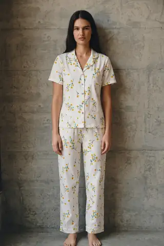 V Yaka Düğmeli Casual Çok Renkli Pijama Takımı - 3