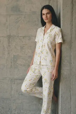 V Yaka Düğmeli Casual Çok Renkli Pijama Takımı - 5