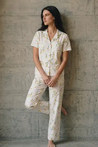 V Yaka Düğmeli Casual Çok Renkli Pijama Takımı - 6