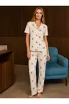 Bol Kesim V Yaka Örme Kırık Beyaz Pijama Takımı - Görsel 4
