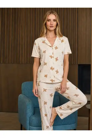 Bol Kesim V Yaka Örme Kırık Beyaz Pijama Takımı - 6