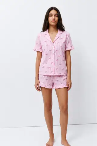 Kadın Desenli Trend Pembe Pijama Takımı - 1