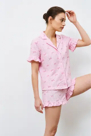 Kadın Premium Fırfırlı Pembe Pijama Takımı - 2