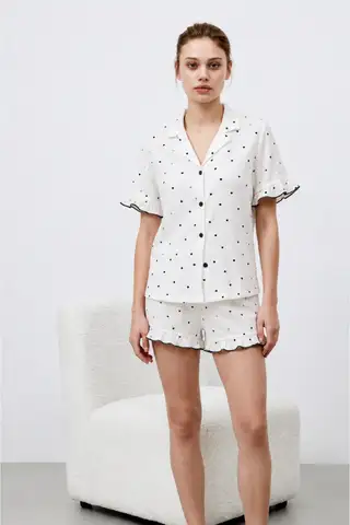 Kadın Premium Fırfırlı Beyaz Pijama Takımı - 1