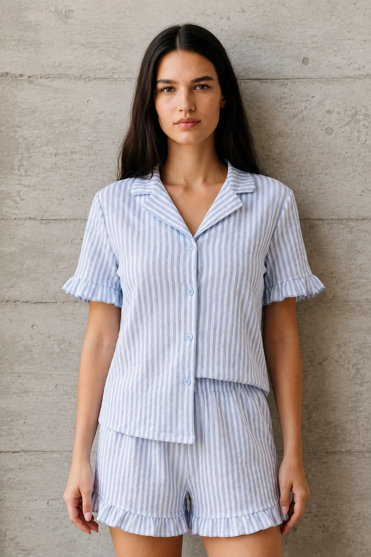 Kadın V Yaka Comfort Fit Mavi Pijama Takımı