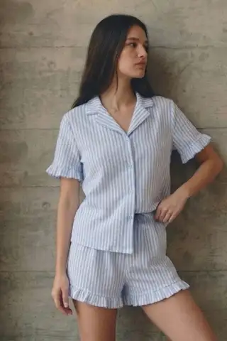 Kadın V Yaka Comfort Fit Mavi Pijama Takımı - 5