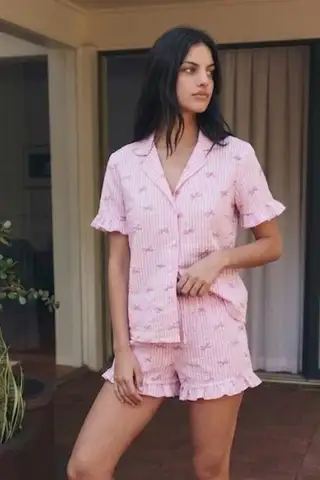 Kadın Esnek Şortlu Bol Pembe Pijama Takımı - 5