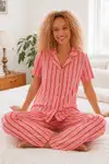 Pembe Kırmızı Çizgili Bürümcük Kumaş Pijama Takımı 4647-Pembe - Görsel 1