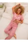 Pembe Kırmızı Çizgili Bürümcük Kumaş Pijama Takımı 4647-Pembe - Görsel 4