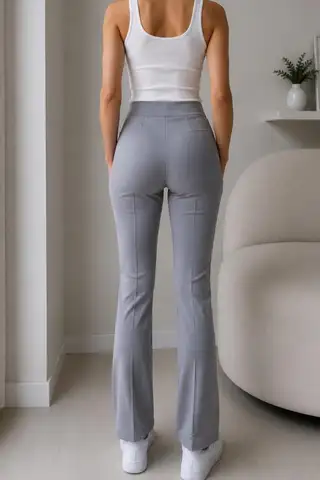 Yüksel Bel Toparlayıcı Nervür Dikişli İspanyol Paça Pantolon 4622 -Gri - 3
