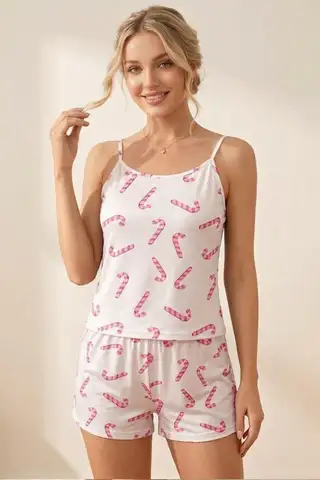 Baston Şeker Desenli İp Askılı Şortlu Pijama Takımı 4613 -Pembe - 1