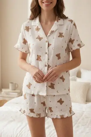 Ayıcık Desenli Fırfır Detaylı Şortlu Pijama Takımı 8073 Kar beyaz - 1