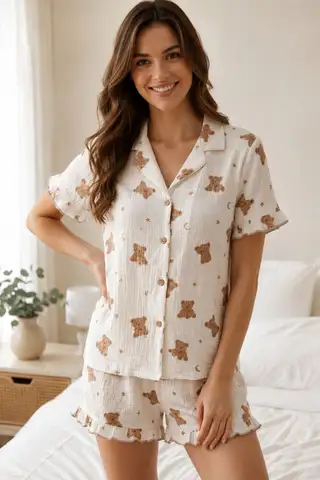 Ayıcık Desenli Fırfır Detaylı Şortlu Pijama Takımı 8073 Kar beyaz - 5