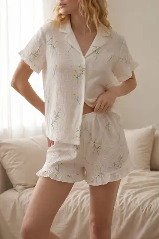 Çiçek Desenli Fırfır Detaylı Şortlu Pijama Takımı 8075 Çok Renkli - 4