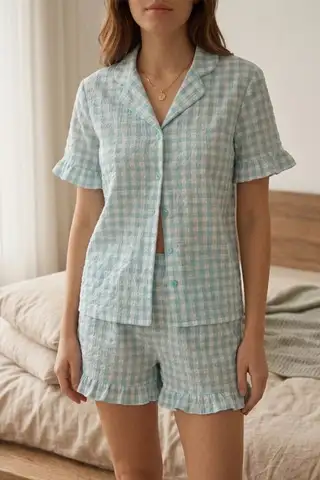 Kare Desenli Fırfır Detaylı Şortlu Pijama Takımı 8070 Yeşil - 1