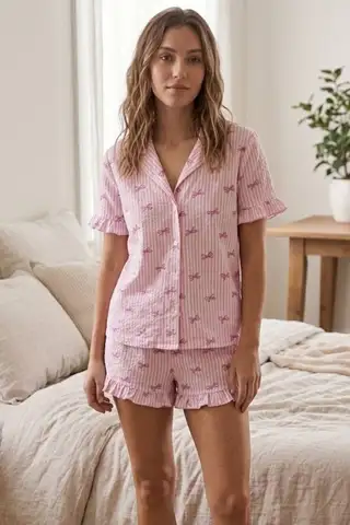 Kurdele Desenli Fırfır Detaylı Şortlu Pijama Takımı 8071 Pembe - 4