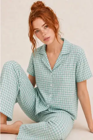 Kare Desenli Bürümçük kumaş Kısa Kollu Pijama Takımı 6065 Su Yeşili - 1
