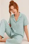 Kare Desenli Bürümçük kumaş Kısa Kollu Pijama Takımı 6065 Su Yeşili - Görsel 1