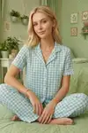 Kare Desenli Bürümçük kumaş Kısa Kollu Pijama Takımı 6065 Su Yeşili - Görsel 5
