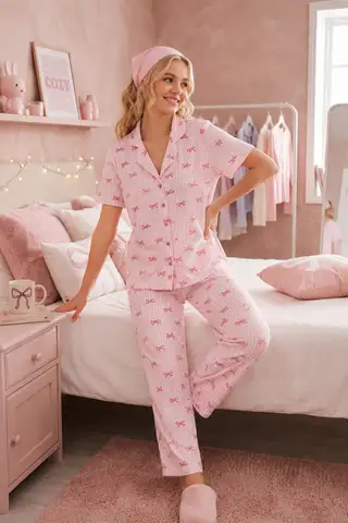 Pembe Kurdele Desenli Bürümçük kumaş Kısa Kollu Pijama Takımı 6064 - 2