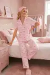Pembe Kurdele Desenli Bürümçük kumaş Kısa Kollu Pijama Takımı 6064 - Görsel 2
