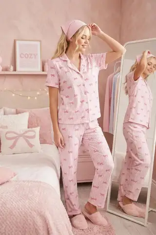 Pembe Kurdele Desenli Bürümçük kumaş Kısa Kollu Pijama Takımı 6064 - 3